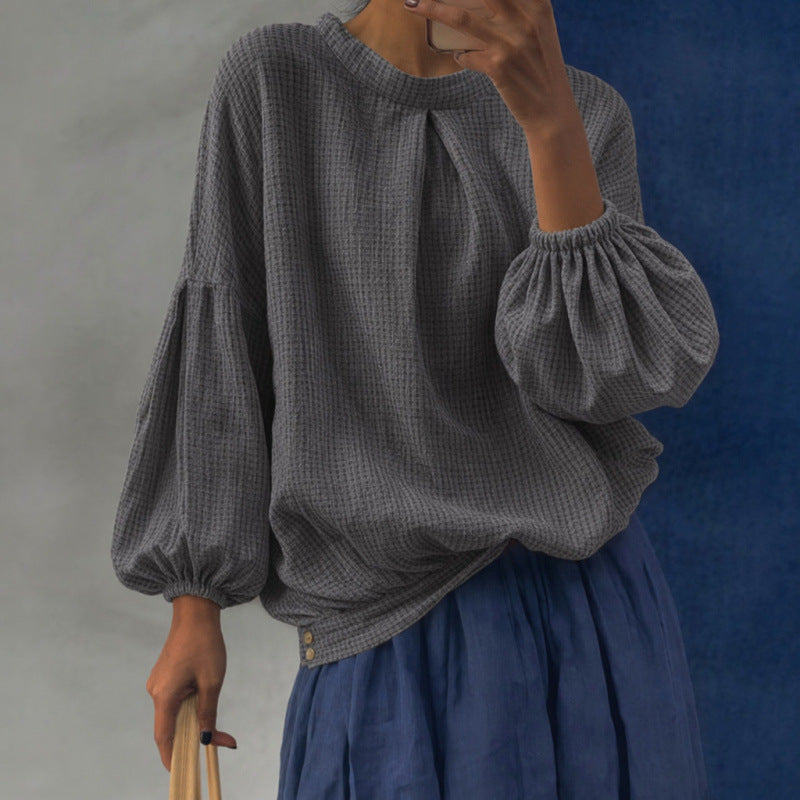 Women Oversize Waffle Knit Sweater with Balloon Sleeves and Pleat Mune Fashion