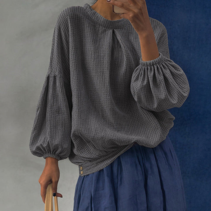Women Oversize Waffle Knit Sweater with Balloon Sleeves and Pleat Mune Fashion