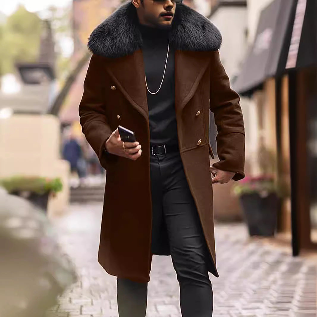 Men's Double-Breasted Wool Coat with Large Faux Fur Collar Mune Fashion