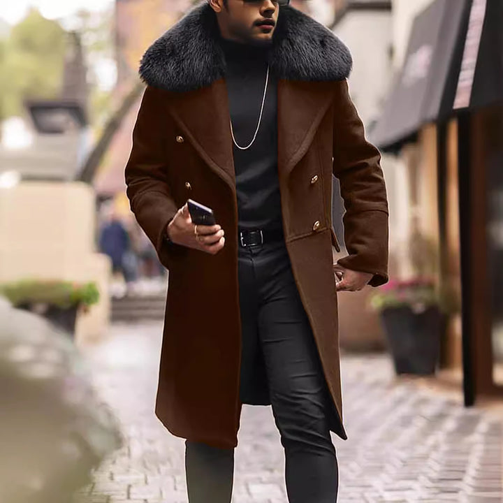 Men's Double-Breasted Wool Coat with Large Faux Fur Collar Mune Fashion