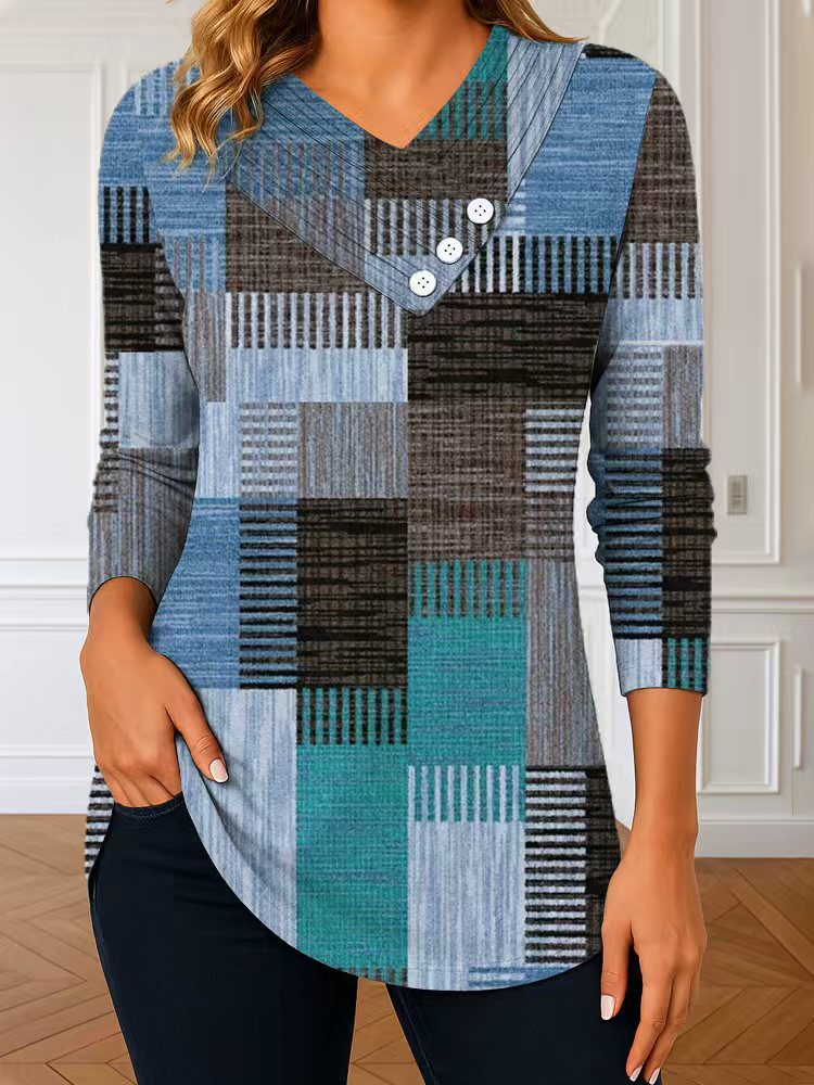 Women's long sleeve tunic with asymmetric V-neck, decorative button placket, and checkered patchwork pattern Mune Fashion