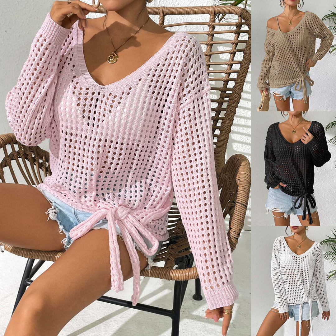 Women's airy knit sweater with V-neck and decorative knot Mune Fashion