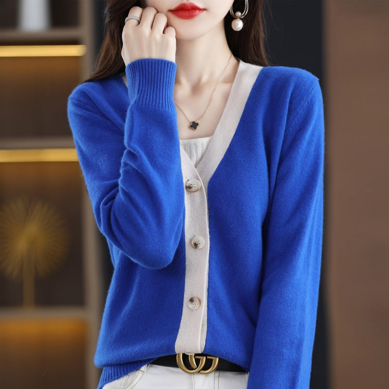 Women Contrast Trim V-Neck Fine Knit Cardigan with Mother-of-Pearl Buttons Mune Fashion