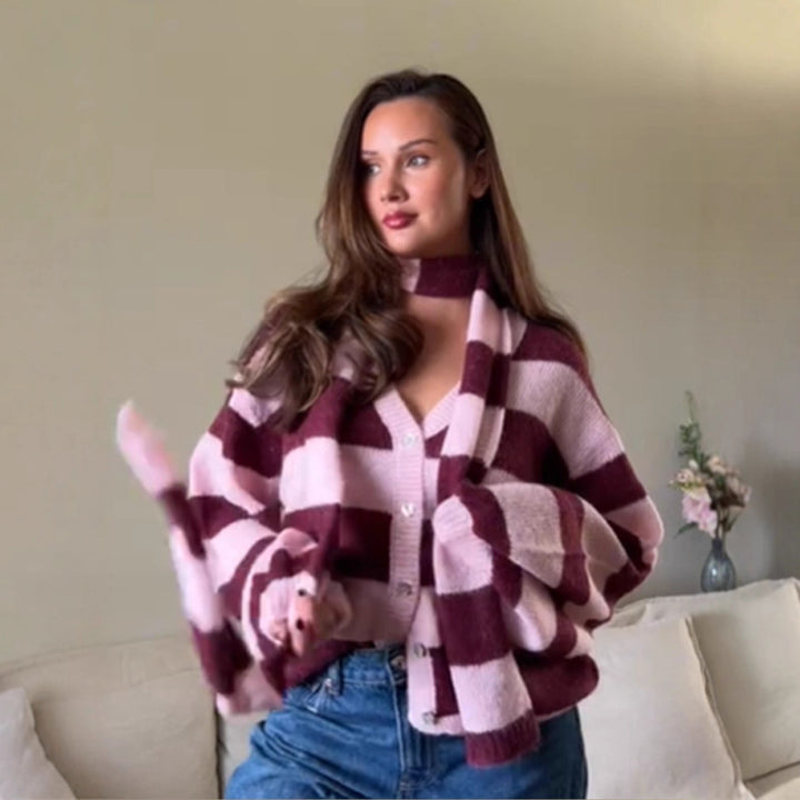 Women's Oversized Knit Cardigan Set with Block Stripes, Button Placket and Matching Scarf Mune Fashion