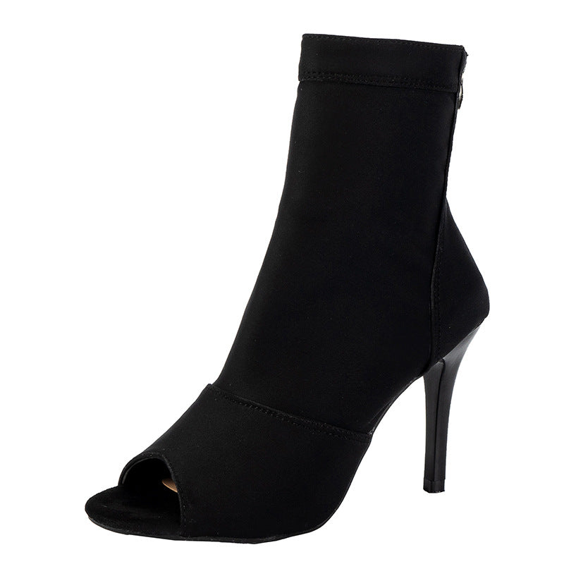 Women's Open Toe Ankle Boots with Stretch Shaft and Slim Stiletto Heel Mune Fashion