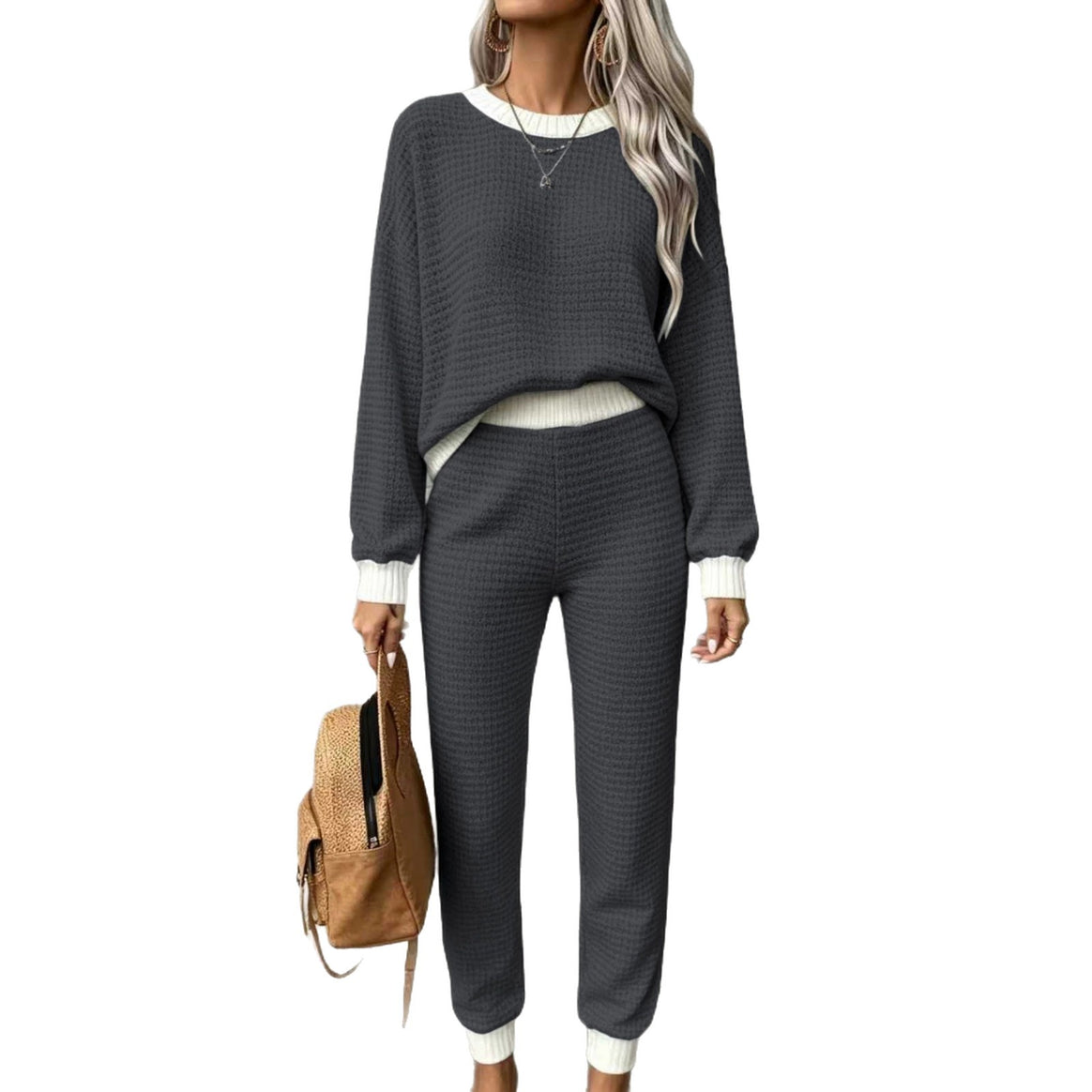 Women Comfortable Waffle Knit Lounge Set with Ribbed Cuffs Mune Fashion