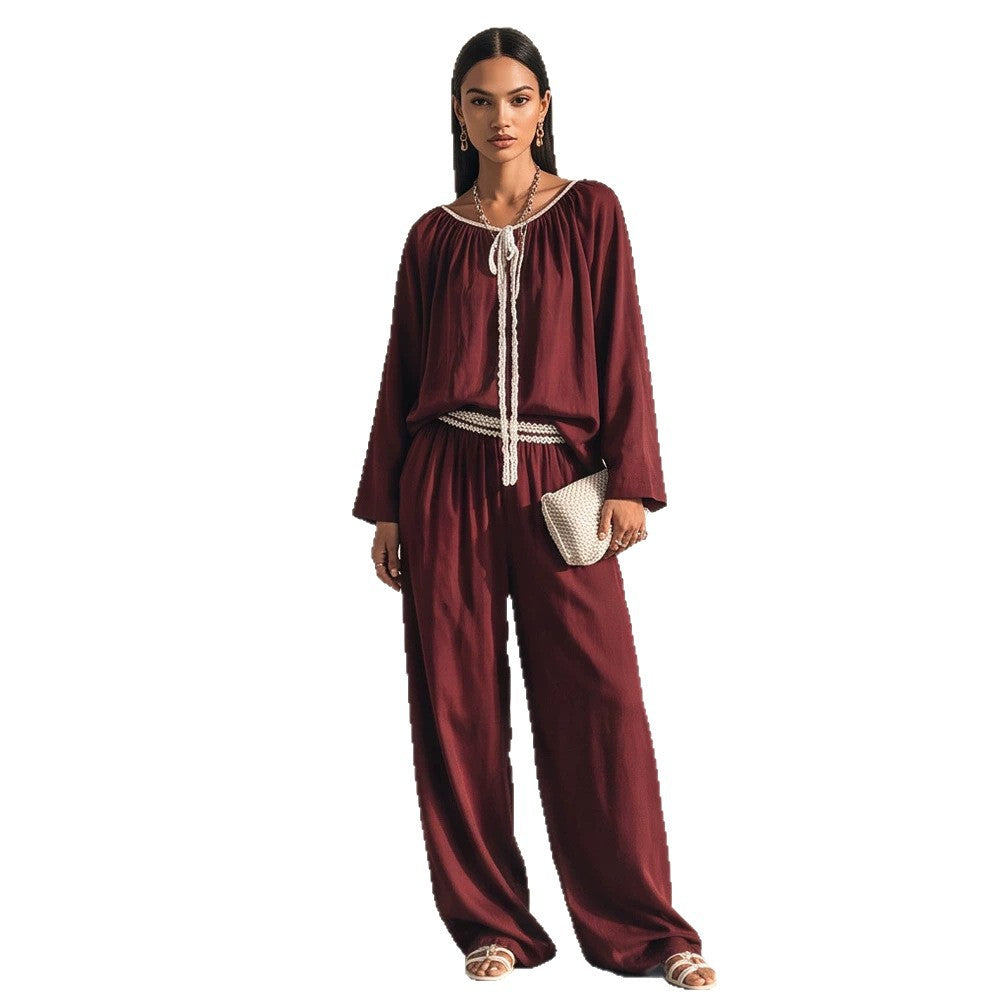 Ladies Flowing Two-Piece Loungewear Set in Silk Look with Wide Palazzo Pants and Gathered Tunic Mune Fashion