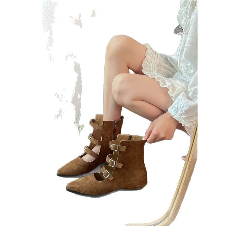 Ladies pointed toe ankle boots with velour look, four adjustable straps and low heel Mune Fashion