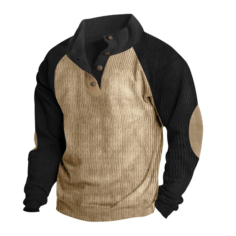 Men's Structured Raglan Henley Pullover with Stand Collar, Elbow Patches & Button Placket Mune Fashion