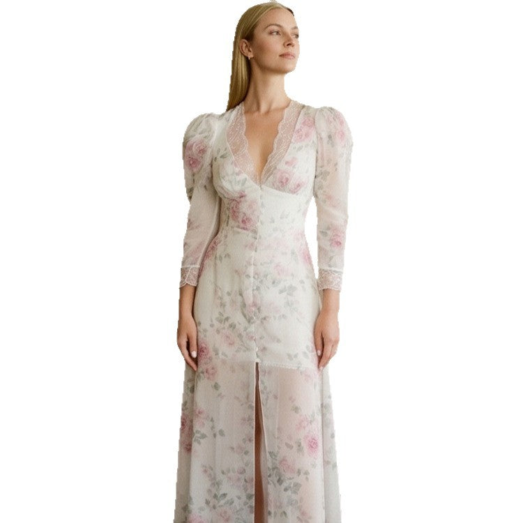 Women's Romantic Chiffon Maxi Dress with Lace V-Neck, Puff Sleeves and Front Slit Mune Fashion