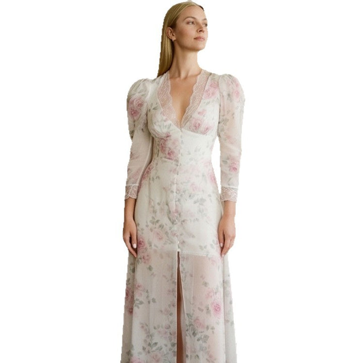 Women's Romantic Chiffon Maxi Dress with Lace V-Neck, Puff Sleeves and Front Slit Mune Fashion