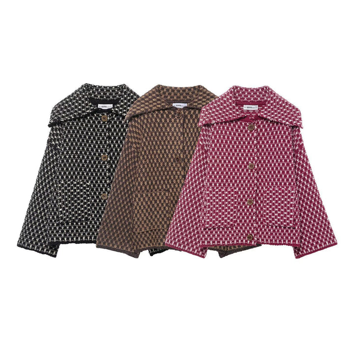 Women's casual bouclé tweed jacket with large lapel collar, patch pockets, and decorative wooden buttons Mune Fashion