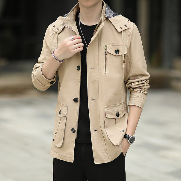 Men's lightweight canvas field jacket with hood, multifunction pockets and zipper Mune Fashion