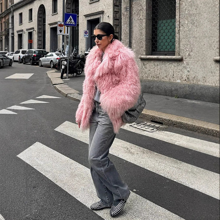 Women Short Cut Shaggy Faux Fur Coat with voluminous Shawl Collar and Oversized Silhouette Mune Fashion