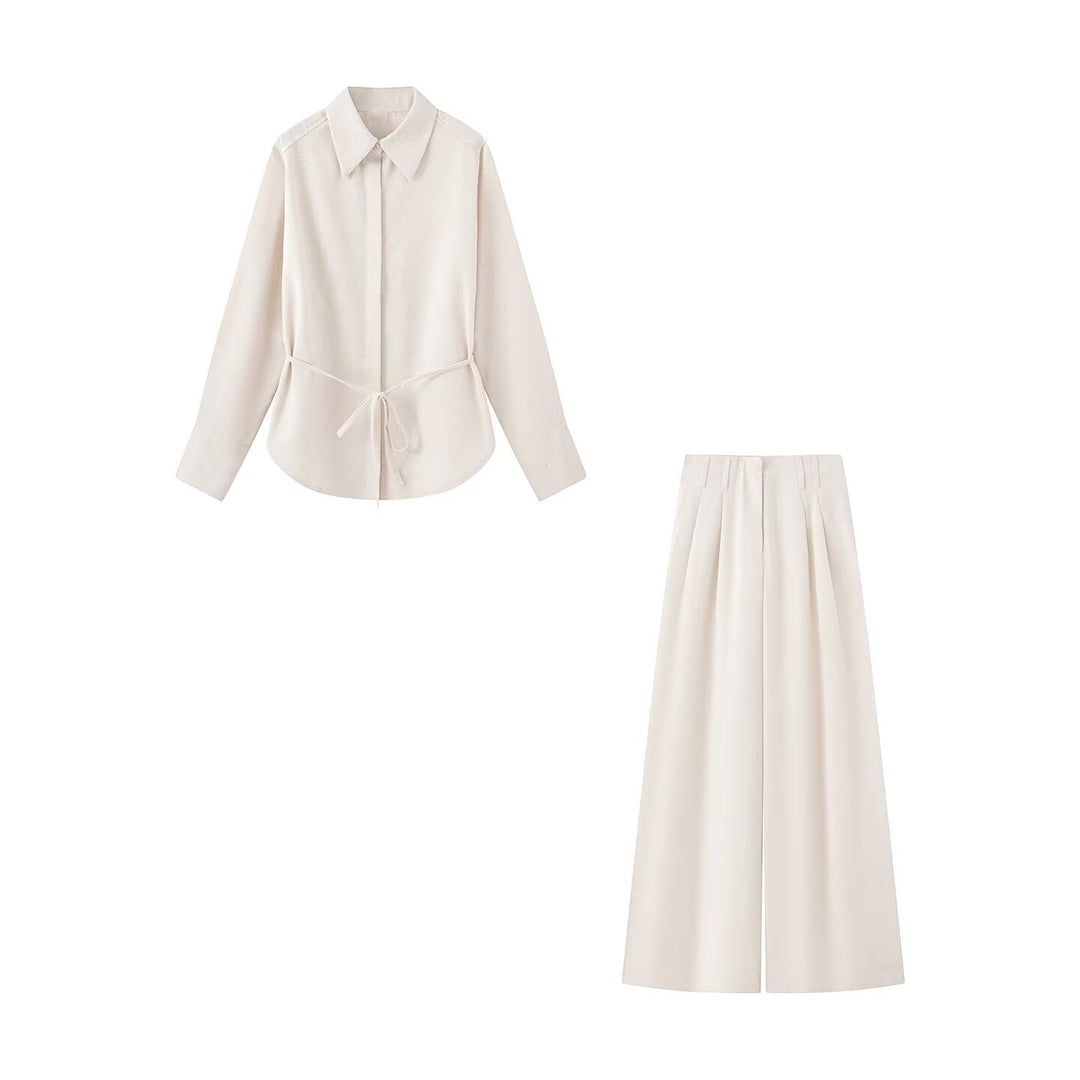 Women Two-piece ensemble consisting of fitted blouse with tie and high-waisted palazzo pants Mune Fashion