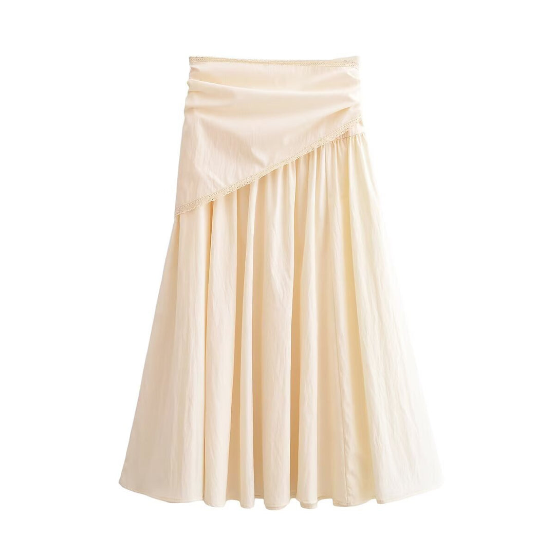 Women Midiskirt with Wrap Overlay, High Waist and Lace Trim Mune Fashion