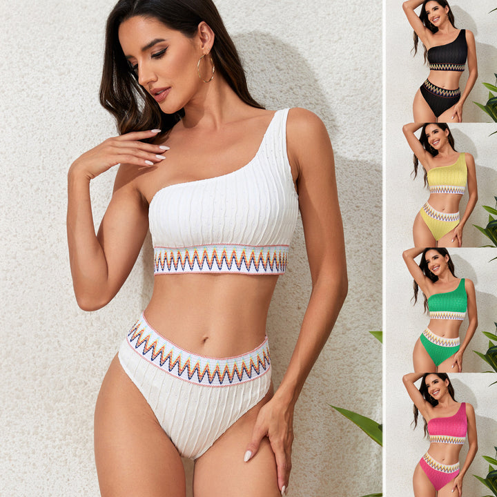 Women One-Sided Crop Bikini with Colorful Jacquard Ribbon Mune Fashion