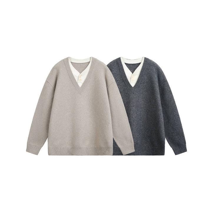 Women Oversize V Neck Knit Sweater with Henley Look and Ribbed Cuffs Mune Fashion