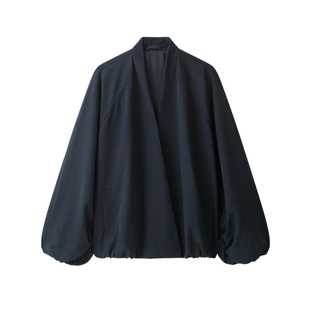 Women's Oversize Cropped Bomber Jacket with Open V-Neck and Elastic Hem Mune Fashion
