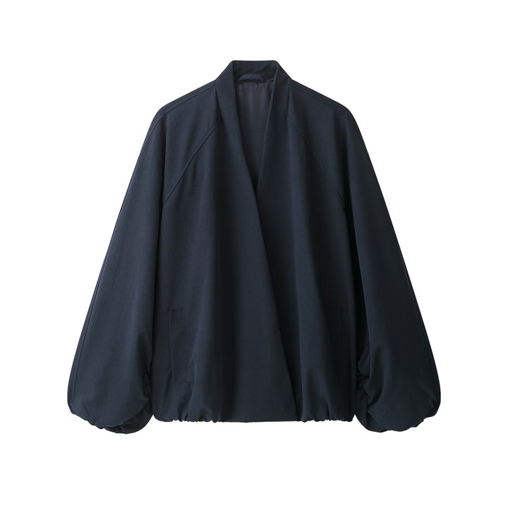 Women's Oversize Cropped Bomber Jacket with Open V-Neck and Elastic Hem Mune Fashion