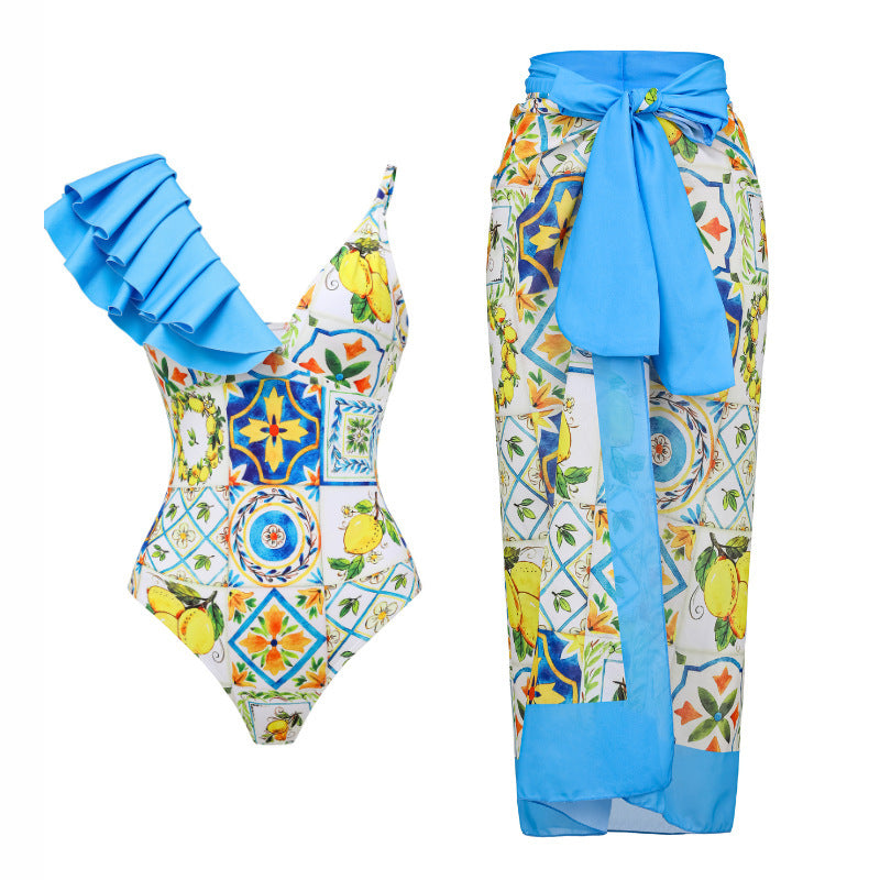 Women's One-Sided Ruffle Swimsuit with Floral Pattern Mune Fashion