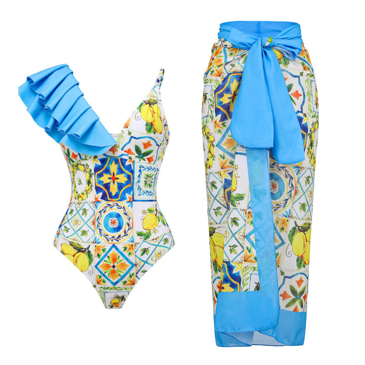 Women's One-Sided Ruffle Swimsuit with Floral Pattern Mune Fashion