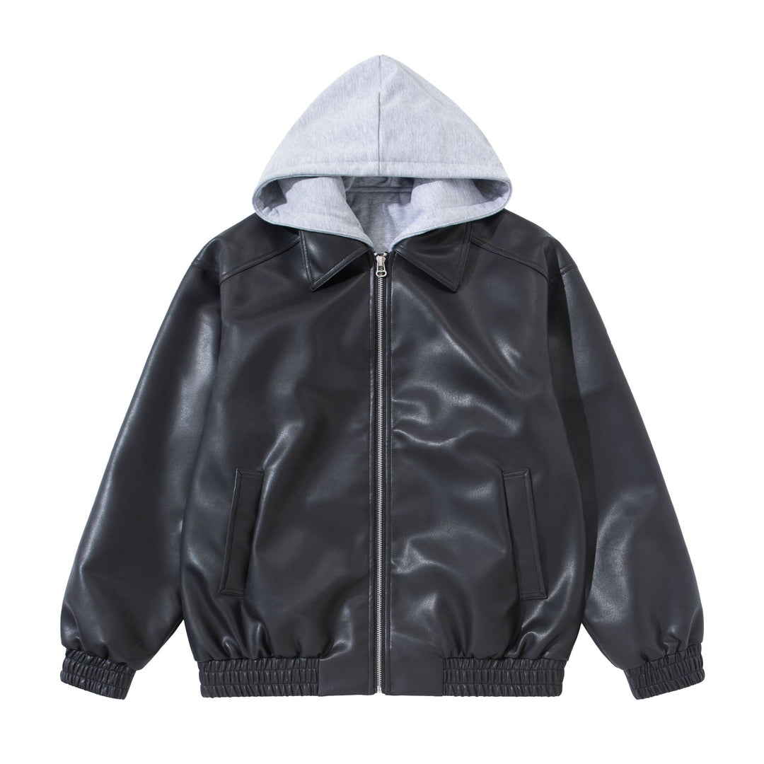 Men's Boxy Leather Blouson with Attached Jersey Hood and Ribbed Hem Mune Fashion