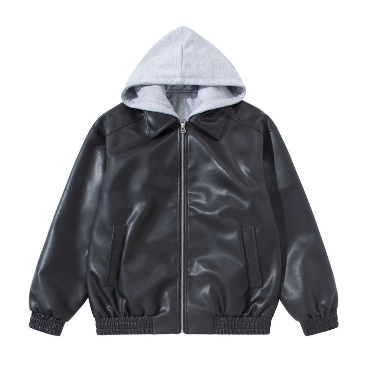 Men's Boxy Leather Blouson with Attached Jersey Hood and Ribbed Hem Mune Fashion