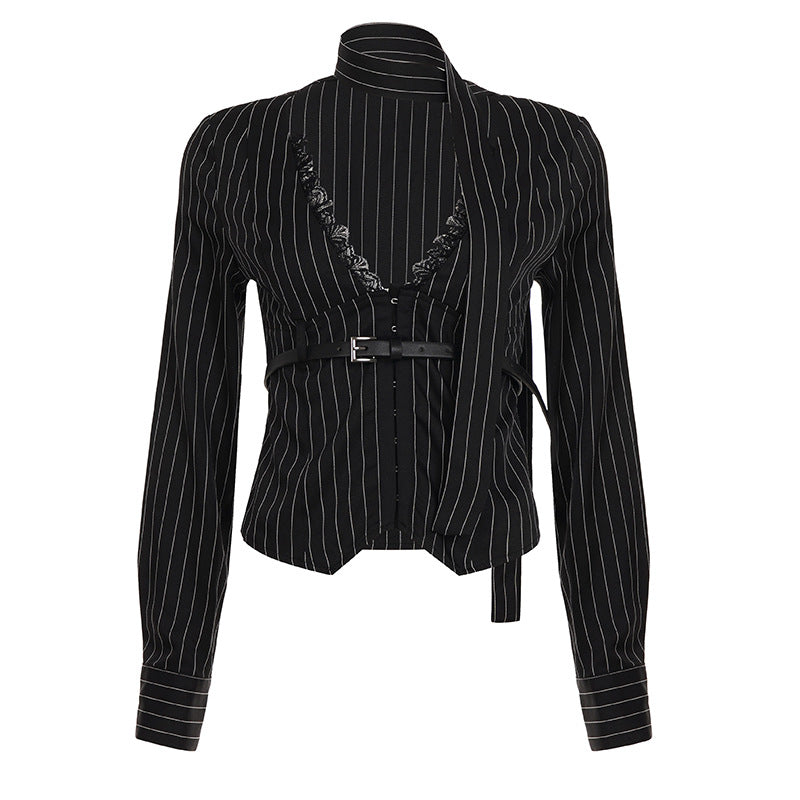 Women's tailored long-sleeve shirt with twist V-neck, shirt collar and pinstripe look Mune Fashion