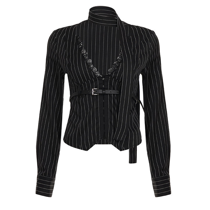 Women's tailored long-sleeve shirt with twist V-neck, shirt collar and pinstripe look Mune Fashion