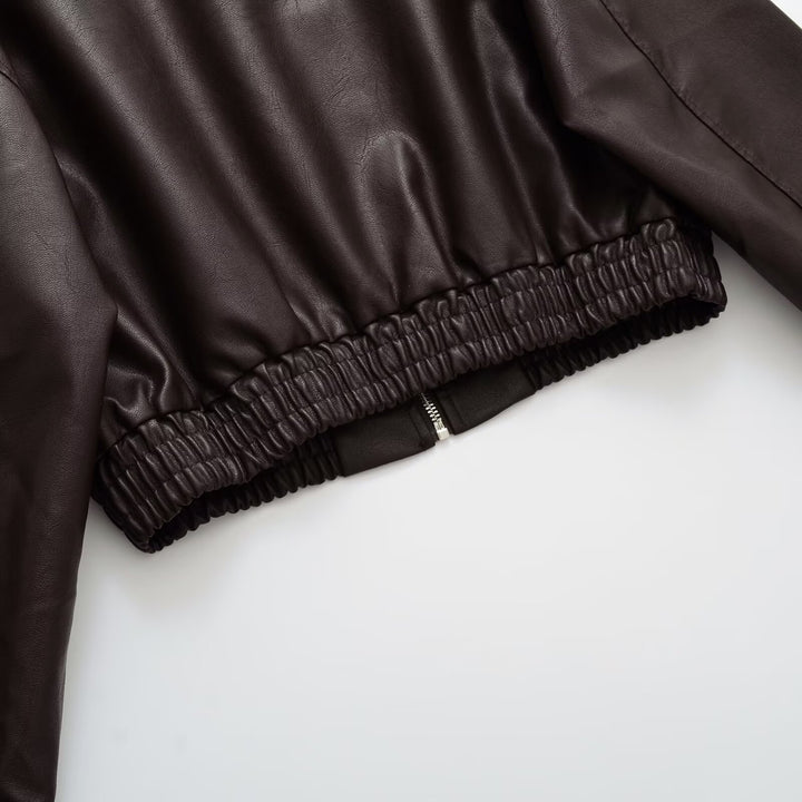 Women's Short Boxy Bomber Jacket in Vegan Leather Look with Shirt Collar and Elastic Waistband Mune Fashion