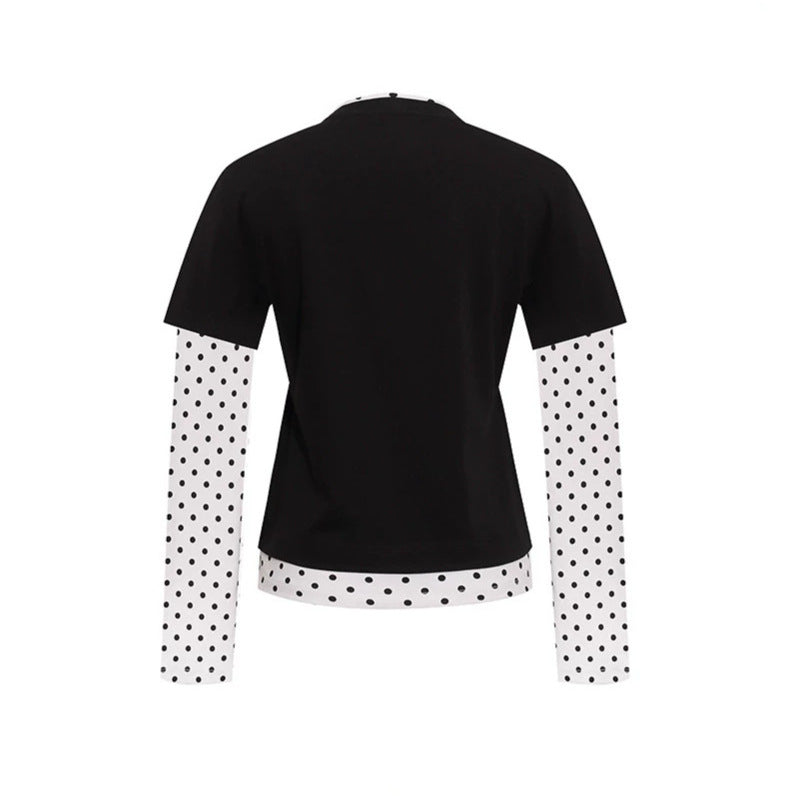 Women's Layered Long Sleeve Shirt with Polka Dot Inner Layer and Calligraphic Statement Print Mune Fashion