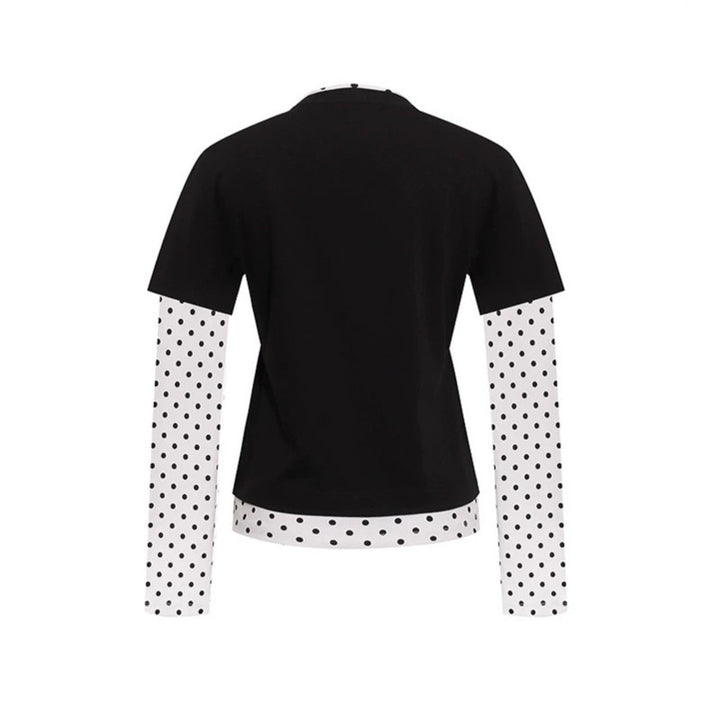 Women's Layered Long Sleeve Shirt with Polka Dot Inner Layer and Calligraphic Statement Print Mune Fashion