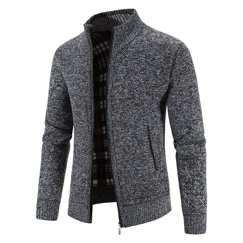Men's knitted cardigan with full zip, stand-up collar and checkered lining Mune Fashion
