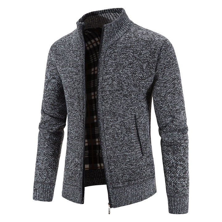 Men's knitted cardigan with full zip, stand-up collar and checkered lining Mune Fashion