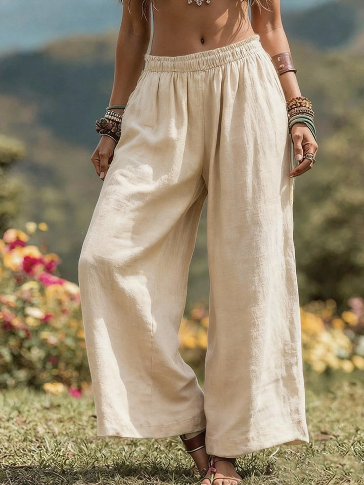 Women's Wide Linen Look Palazzo Pants with Elastic Waistband and Pockets Mune Fashion
