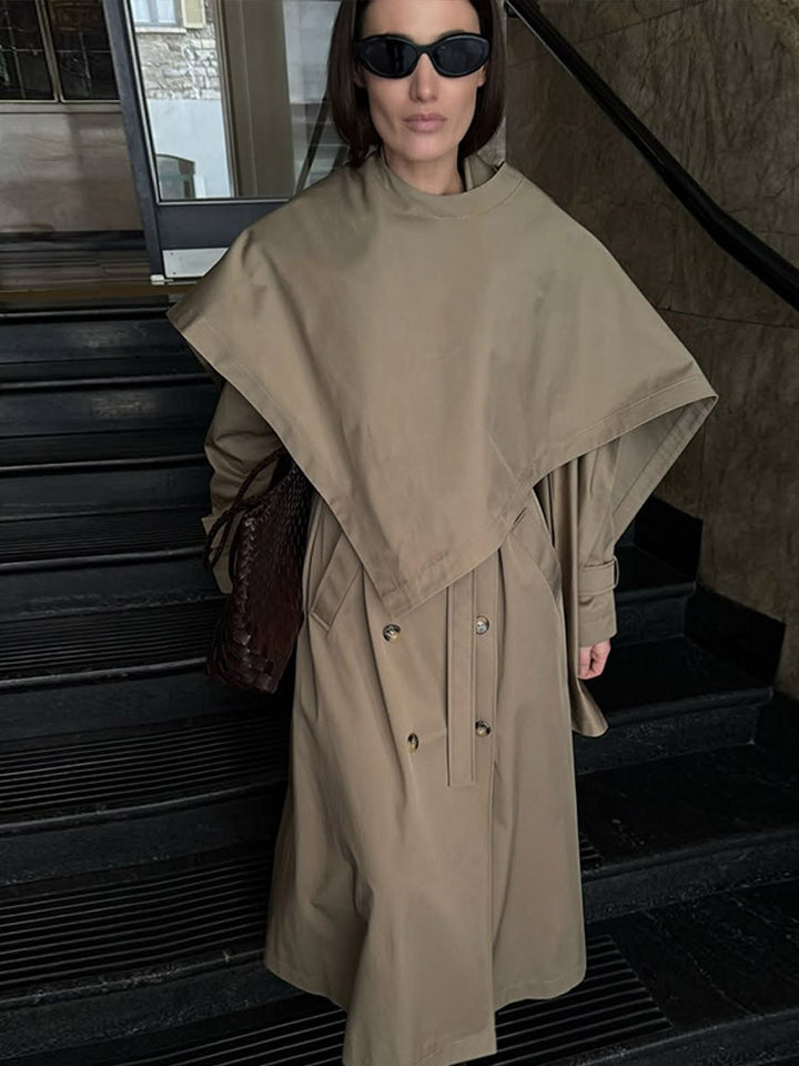 Women's Mid-Length Trench Coat with Poncho-Like Cape Overlay & Boxy Silhouette Mune Fashion