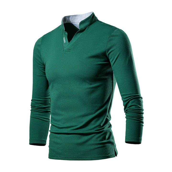 Men's Slim-Fit Long Sleeve Shirt with Stand Collar, Open V-Neck and Functional Stretch Material Mune Fashion
