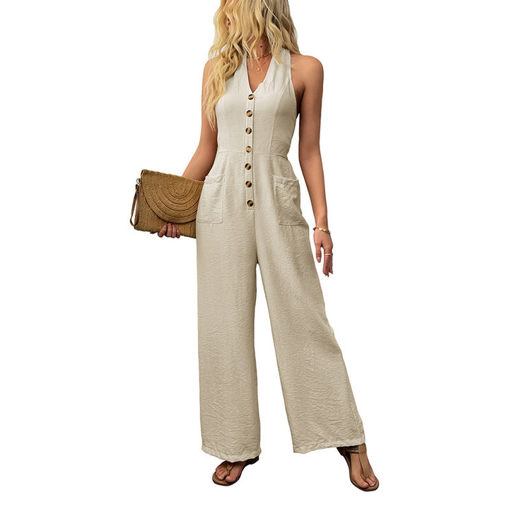 Women Sleeveless Linen Look Jumpsuit with V-Neck, Button Placket and Wide Leg Mune Fashion