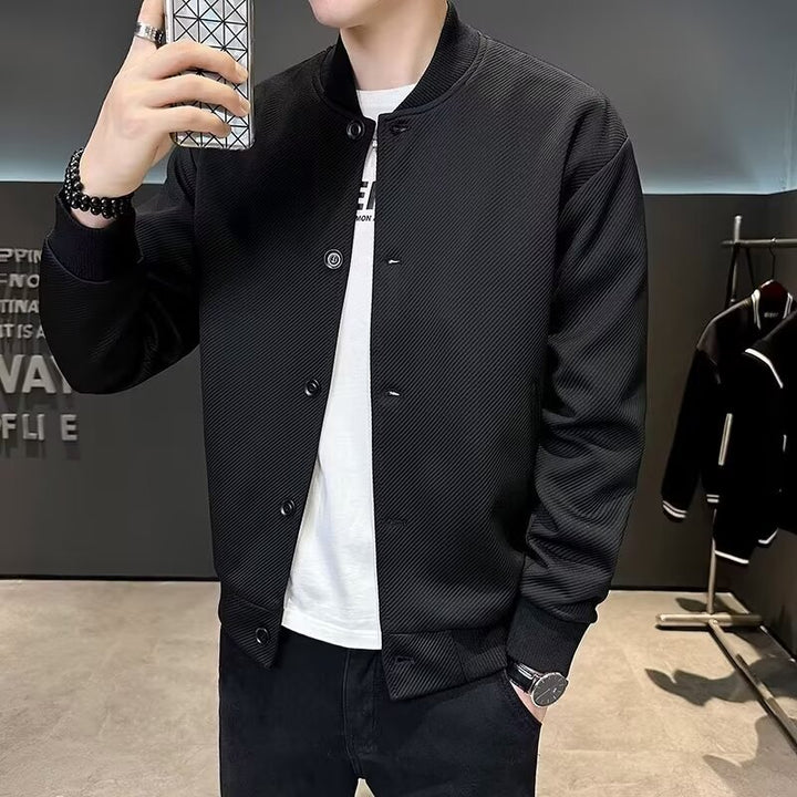 Men's Textured Bomber Jacket in Blouson Style with Snap Front and Ribbed Cuffs Mune Fashion