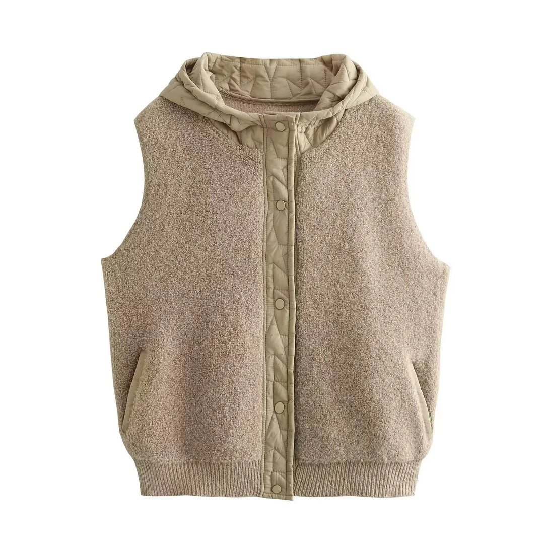 Women's Padded Wool Blend Vest with Hood and Snap Button Placket Mune Fashion