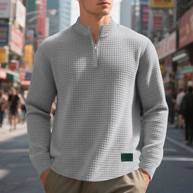 Men's nano lightweight waffle knit pullover with short collar zipper and rounded hem Mune Fashion