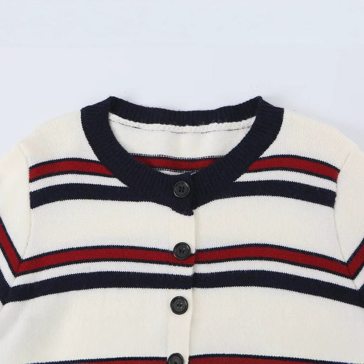 Women Striped Short Cardigan with Round Neck, Button Placket and Ribbed Cuffs Mune Fashion