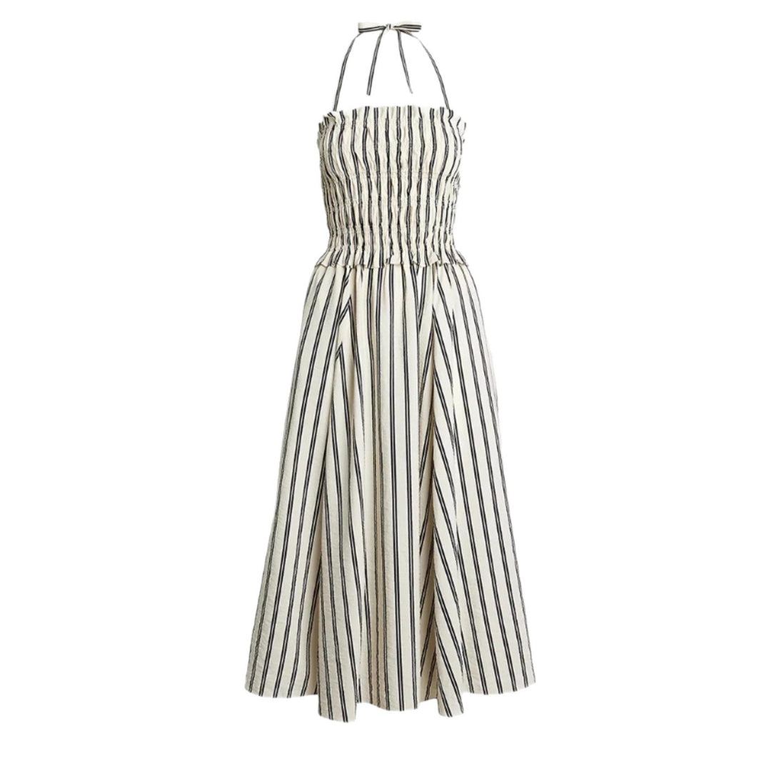 Women's midi dress with gathered smock top, removable halter neck and side pockets Mune Fashion