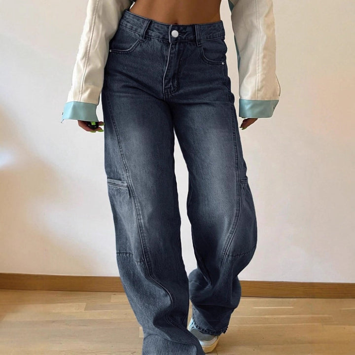 Women's High-Waist Wide Cargo Denim Pants with Seam Panels and Baggy Silhouette Mune Fashion
