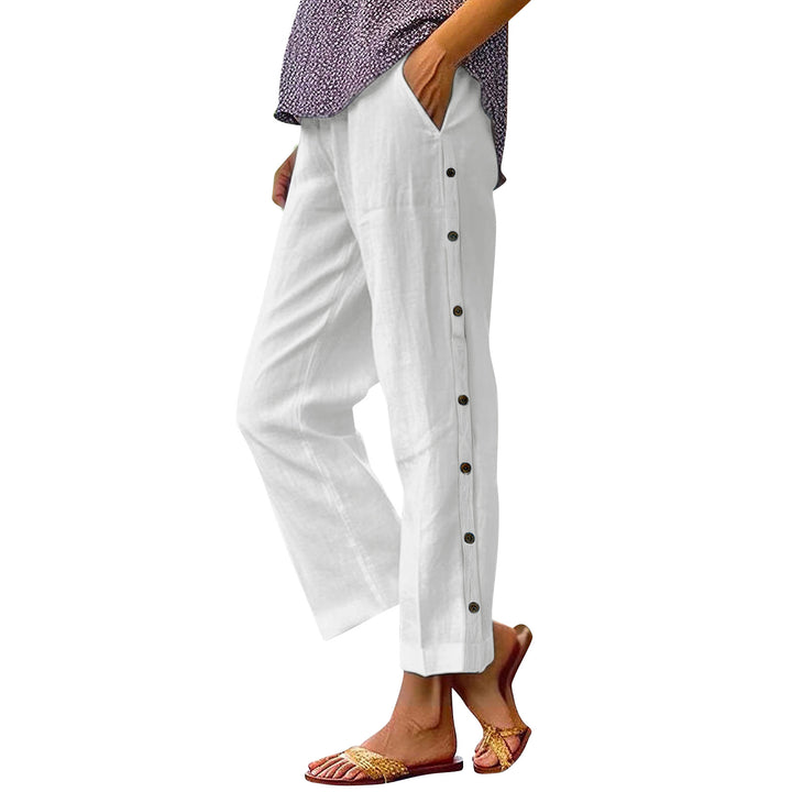 Women's Cropped Wide-Leg Button-Trim Linen-Blend Casual Pants Mune Fashion