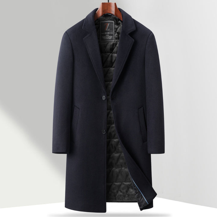 Men's Single-Breasted Knee-Length Wool Blend Overcoat with Narrow Lapels Mune Fashion