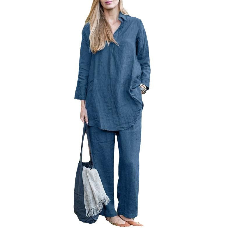 Women's Linen Loungewear Set with Loose Tunic Shirt and Relaxed Palazzo Pants Mune Fashion