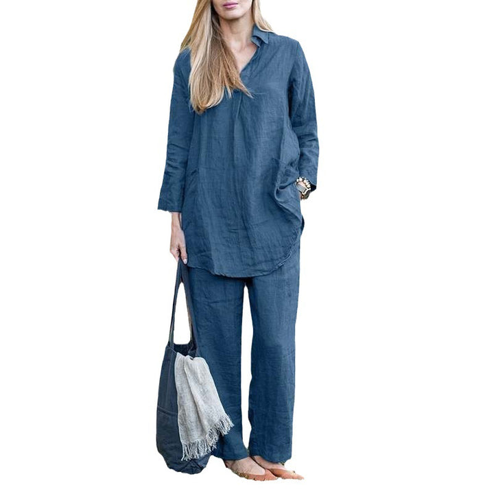Women's Linen Loungewear Set with Loose Tunic Shirt and Relaxed Palazzo Pants Mune Fashion