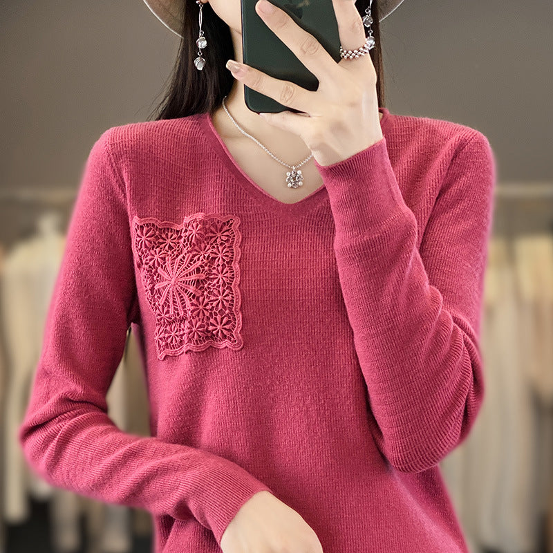 Women's Cashmere-Look V-Neck Sweater with Floral Crochet Appliqué Mune Fashion